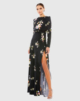 Black High Neck Long Sleeve Faux Wrap Gown